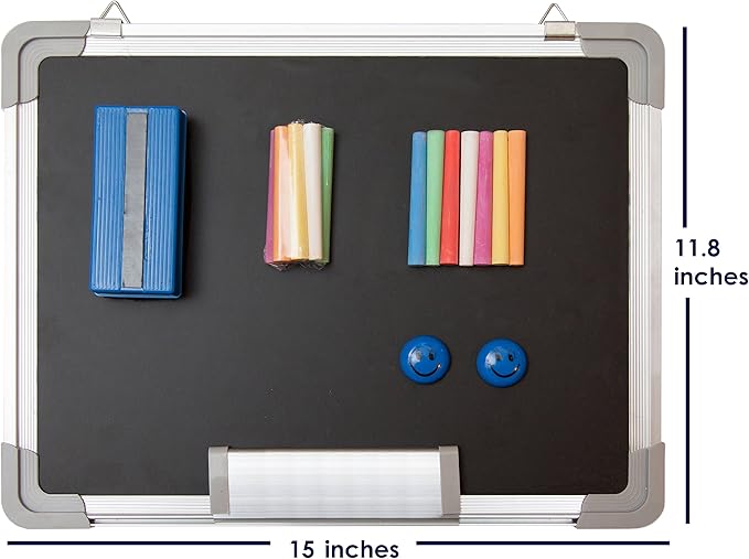 Chalkboard Set - Small Black Board 15 x 12 in with 1 Magnetic Chalk Eraser, 14 Chalk Sticks (7 Colors) and 2 Magnets - Mini Hanging Wall Message Sign Blackboard for Home and Office (15x12)