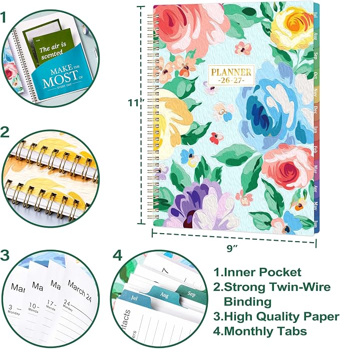 2026-2027 Planner - From JUL 2026 to JUN 2027, 9" x 11", Weekly and Monthly Calendar 26-27, Academic Planner 2026-2027 with Colorful Monthly Tabs, Inner Pocket, Twin-Wire Binding
