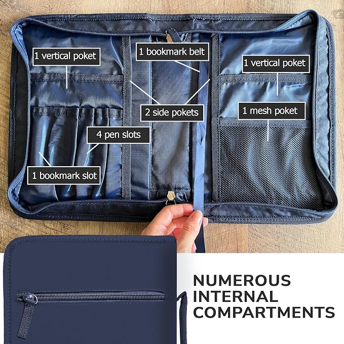 DEHITE Bible Cover for Men — Bible Cover Cases for Men – Blue Medium Size – Bag Fits Book 9.6 x 6.6 x 1.77 in – Pen Slots – Zippered Pocket – Premium Fabric – Christian Gift Accessories
