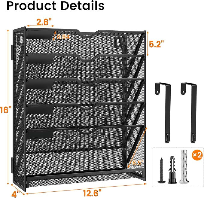 Hanging Wall File Organizer 6-Tier Wall Mount Mail Organizer & Desk Paper Organizer, Sleek Black Metal File Folder Holder for Office, Cubicle, Bedroom | All-in-One Document Storage Shelf
