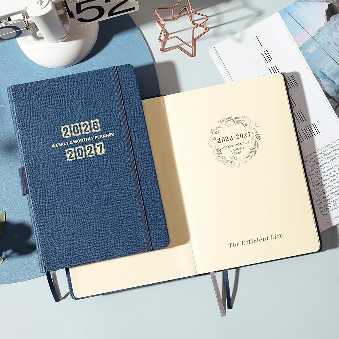 Artfan Planner 2026-2027 - Academic Planner 2026-2027, Jul. 2026 - Jun. 2027, 12-Months Weekly and Monthly, 5.75" x 8.25", Saffiano Leather with Thick Paper, Back Pocket with Notes Pages - Navy Blue