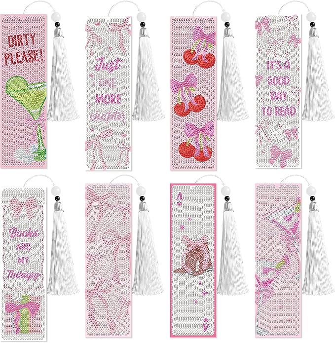 8 Pcs Bow Diamond Art Bookmarks Kit with Tassels, Cute Pink Diamond Painting Bookmarks for Women Book Lovers, DIY Bookmark Making Kit for Adults Beginners Aesthetic Crafts