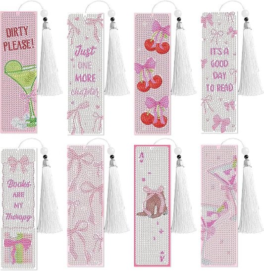 8 Pcs Bow Diamond Art Bookmarks Kit with Tassels, Cute Pink Diamond Painting Bookmarks for Women Book Lovers, DIY Bookmark Making Kit for Adults Beginners Aesthetic Crafts