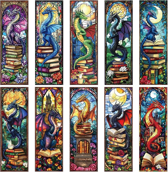 Wxiben Stained Glass Dragon Bookmarks - 100 Pcs Fantastic Bookmark Dragon with Wing Book Marks Cool Animal Book Markers Page Clip GIFS for Men Teens Students Teacher Romantasy Reader Bookish Bookworm