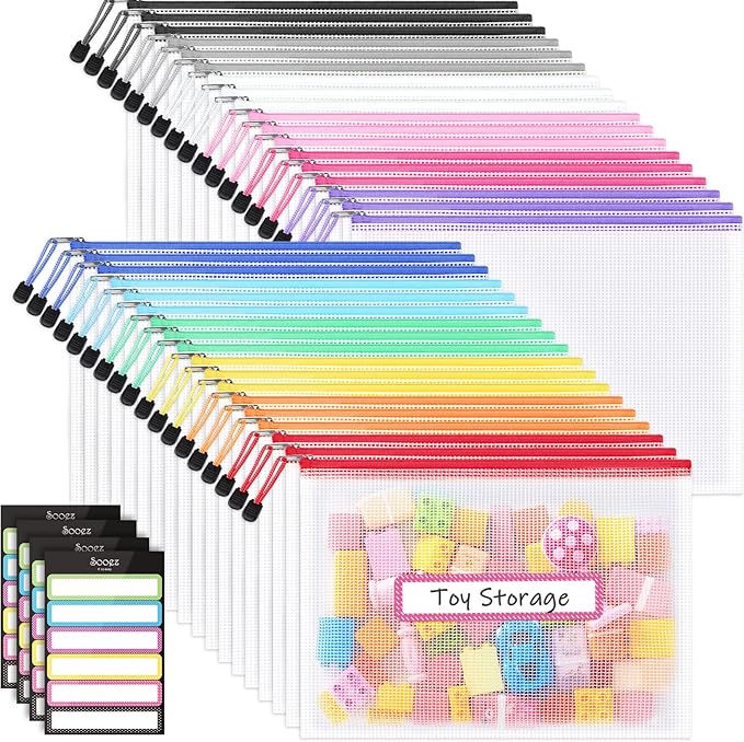 Sooez 36 Pack Mesh Zipper Pouch with Sticky Labels, A4 Mesh Bags, Sturdy Letter Size File Folders Organizer, Office School Classroom Teacher Supplies, Toy Storage Bag Board Game Puzzles Organization