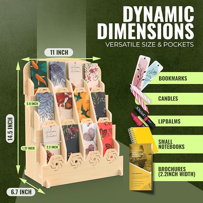 HOTCAN Bookmark Holder Display Stand for Vendors | Wooden Bookmark Booth Display Items with 12 Shelf Pockets | Customizable Space and Mobile Friendly Design Ideal for Craft Fairs, Vendor Booths, Shops