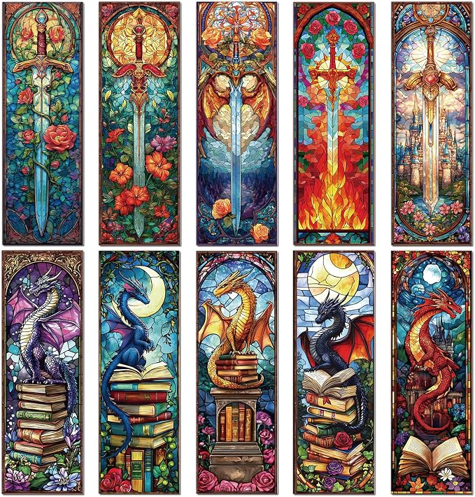 Sword Dragon Bookmark Gifts - 10 Pcs Stained Glass Sword Transparent Bookmark Fantasy Dragon Flower Book Mark Page Clips Gifts for Women Men Book Lovers Teacher Student Bookish Reader