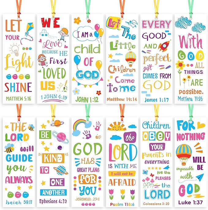 Haooryx Bible Verse Bookmarks for Kids - 120Pcs Religious Inspirational Bookmark Colorful Flower Balloon Book Mark Sunday School Supply Class Reward Reading Lover Gift Birthday Party Goodie Bag Filler
