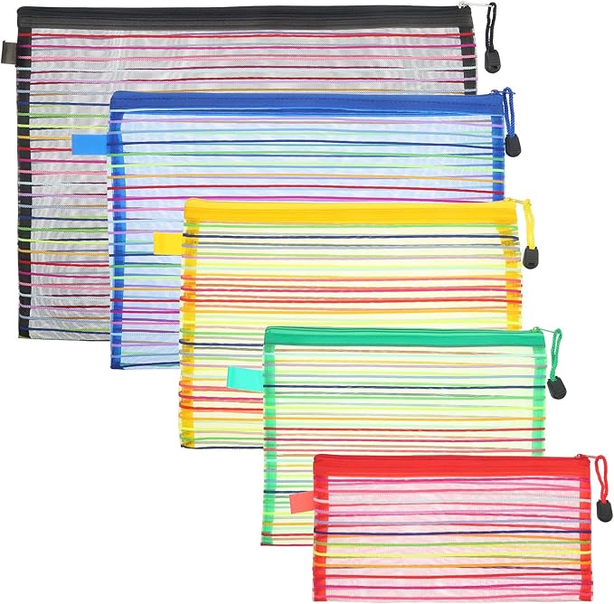 HESTYA 10 Pcs Mesh Zipper Pouch Bags for Organizing 5 Sizes, 5 Colors Large Small Pouch Bulk Cosmetics Purse Toiletry Travel Cases Multipurpose Makeup Document File Storage for Home Offices Supplies