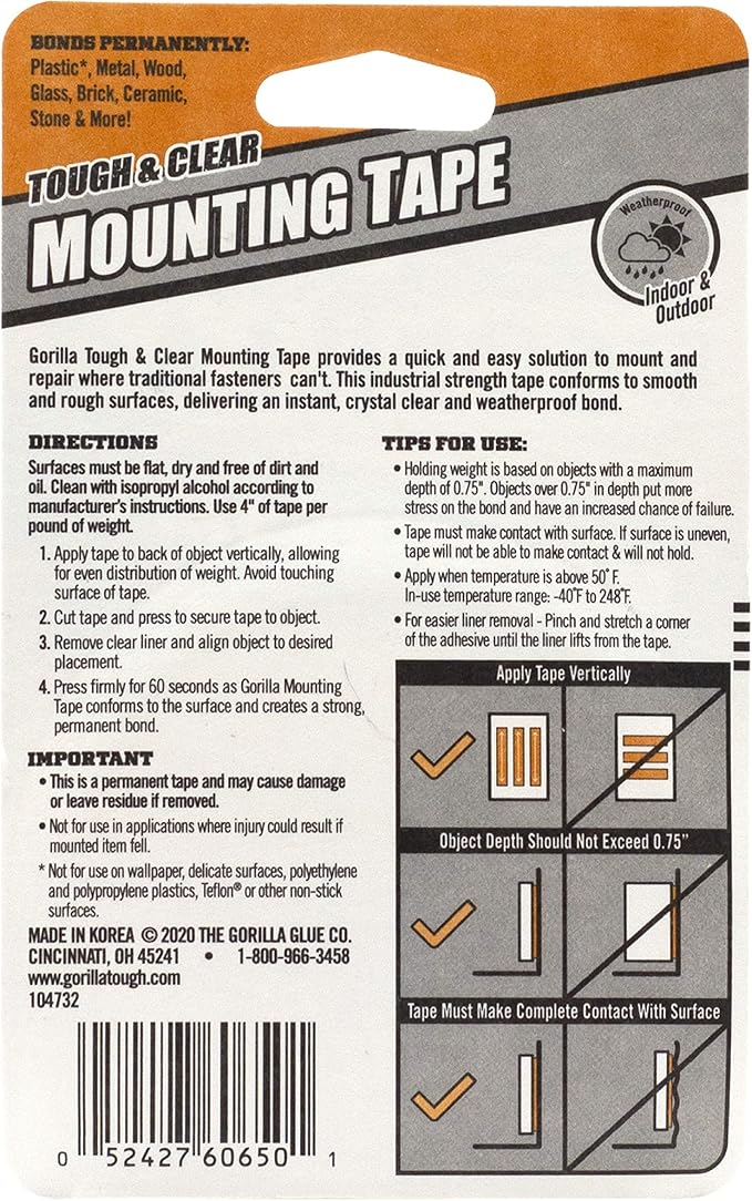 Gorilla Tough & Clear, Double Sided Mounting Tape, Weatherproof, 1" x 60", Clear, (Pack of 8)