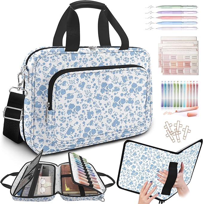 Floral Bible Cover Case for Women Girls,Bible Carrier,Bible Bags for Women Organizer,Bible Holder with Shoulder Strap,Handle,Bible Study Supplies Kit with Highlighters,Tabs,Pens,Christian Gift Blue