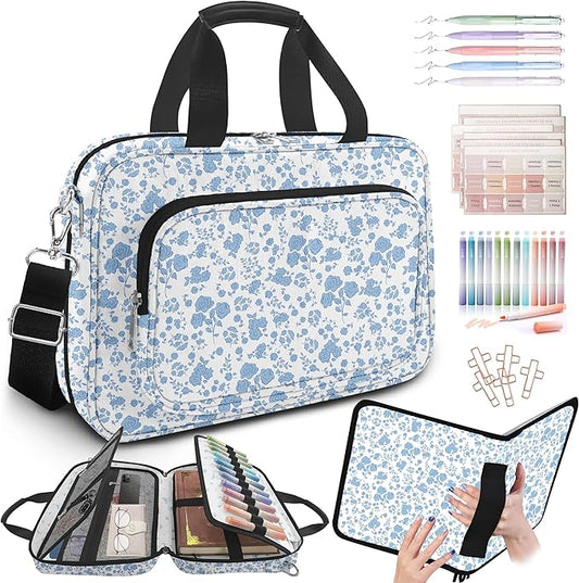 Floral Bible Cover Case for Women Girls,Bible Carrier,Bible Bags for Women Organizer,Bible Holder with Shoulder Strap,Handle,Bible Study Supplies Kit with Highlighters,Tabs,Pens,Christian Gift Blue