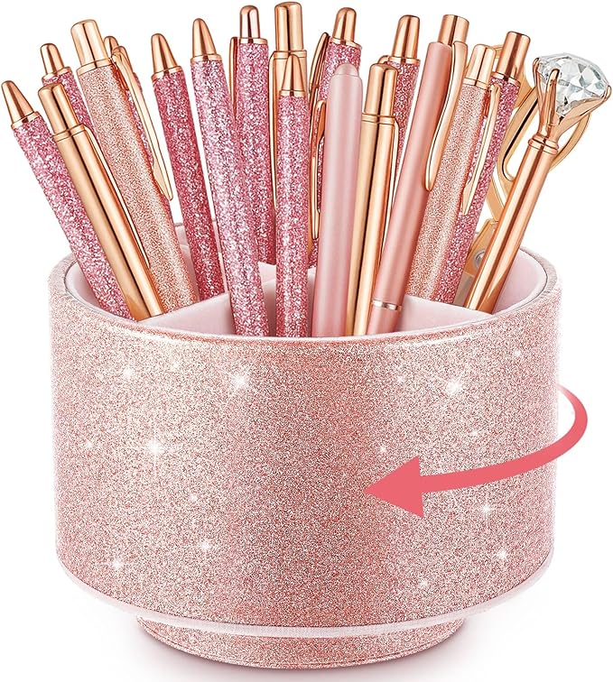 Epakh PU Leather Glitter Pen Holder 360 Degree Spinning Rose Gold Bling Pencil Cup Women Girls Makeup Brush Organizer Cup Gift for Teacher Desk Office Classroom Home Back to School Festival (6 Inch)