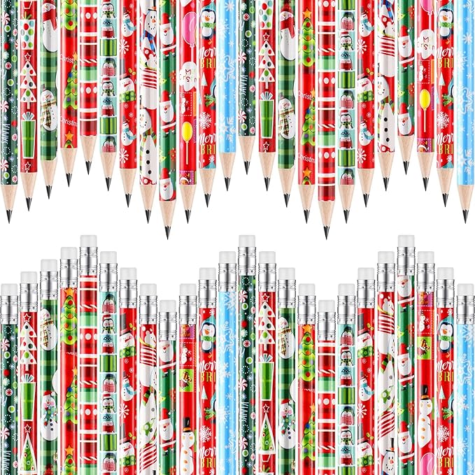 Yexiya 96 Pcs Christmas Pencils for Kids Bulk Colorful Holiday Wood Pencils with Erasers Xmas Snowman Santa Elk Christmas Classroom Gifts for Goodie Bags Office School, 12 Styles