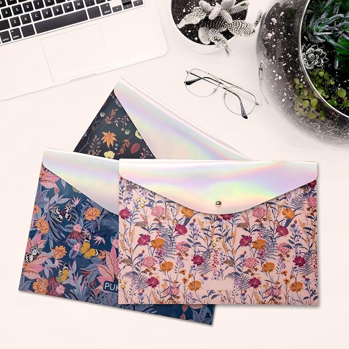 Pukka Pad Bloom A4 Stud Wallets – File Storage Folder – 12.6 x 9.25in – Pack of 3 Assorted Floral Designs