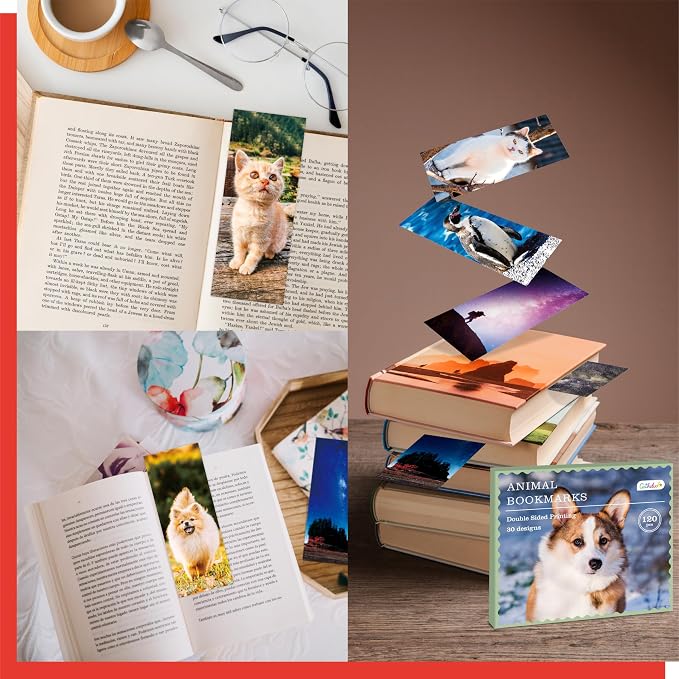 120 PCS Animal Bookmarks, 30 Designs Double-Sided Printing Paper Bookmarks with PET Film, Cat/Dog/Galaxy/Wild Animals for Kids, Students, Adults, Book Lovers (2.4” x 6.1”)
