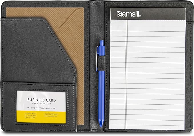 Samsill Contrast Stitch Faux-Leather Portfolio, Mini Size Business Interview Professional Padfolio, Includes 5 x 8 Inch Writing Pad, Black