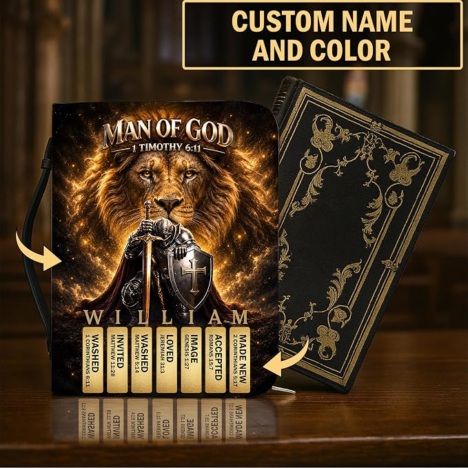 Personalized Man of God Bible Cover for Men, Christian PU Leather Bible Case with Handle Zipper, God Says I Am Warrior Scripture Bible Holder, Religious Gift for Men (Man of God Bible Verse)