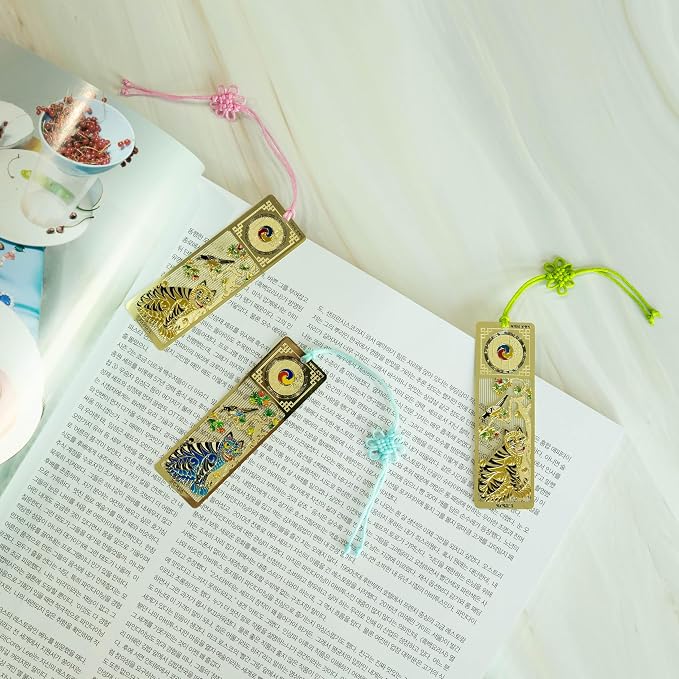 Korean Tiger Bookmark Set 3 Pack with Tassels Blue and Gold Metal Page Holder Reading Accessories for Book Lovers Cute Bible Bookmark Gift 1x3 Inch (Gold Tiger)