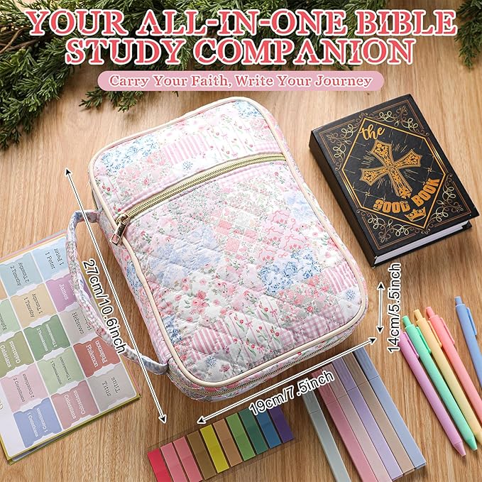 Large Bible Bag Quilted Bible Cover Case Kit for Women Church Bag with Shoulder Strap Study Supplies Christian Gifts(Spliced Flower)