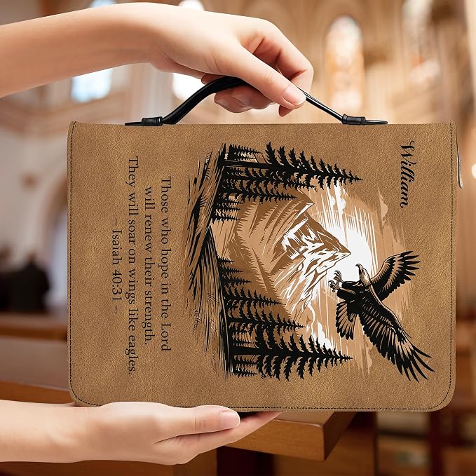 Personalized Man of God Bible Cover for Men, Christian PU Leather Bible Case with Handle Zipper, God Says I Am Warrior Scripture Bible Holder, Religious Gift for Men (Eagle and Bible Verse)