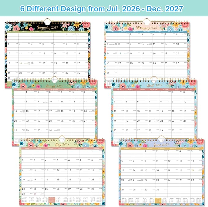 Calendar 2026-2027 - Wall Calendar 2026-2027 with 18 Months, Jul. 2026 - Dec. 2027, Wall Calendar with Twin-Wire Binding + 11" x 8.5" + Hanging Hook + Ruled Blocks with Julian Dates - Black Floral