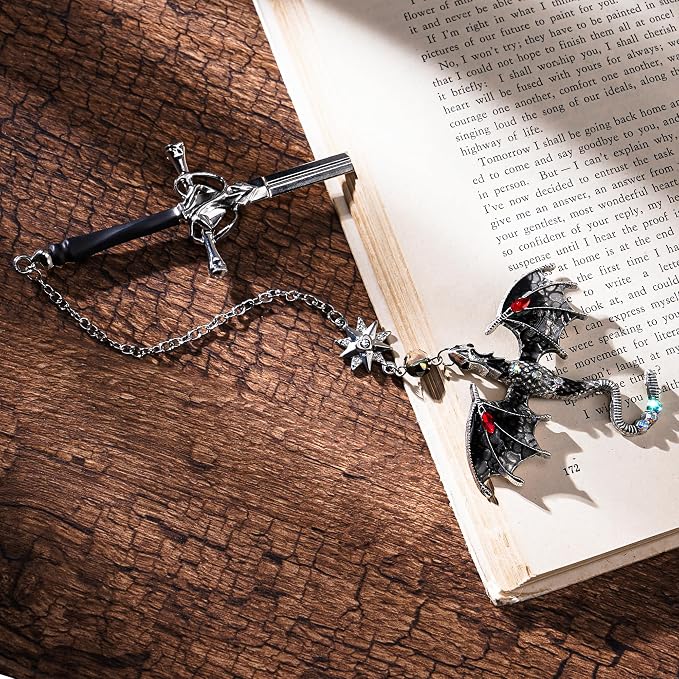 Cool Dragon Sword Bookmarks - 2 PCs Fantasy Metal Book Marks Blue Black Unique Page Maker Gifts for Reading Men Boys Kids Novel Fans Lovers Student Teacher Christmas School Office Supplies