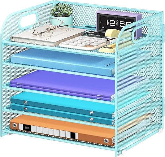 Cawukege 5 Tier Paper Organizer with Handle, Blue Metal Mesh Desk Organizer File Folder Paper Letter Tray Desktop Document Sorter for Classroom, School, Office Accessories Organization and Storage