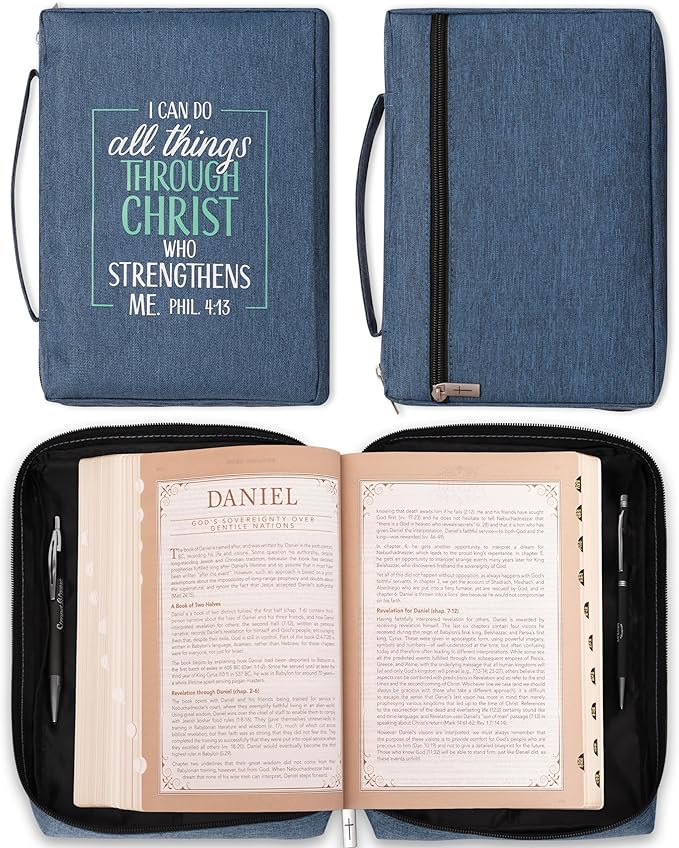 Christian Art Gifts Men/Women's Bible Cover I Can Do All Things Philippians 4:13, Blue/Turquoise Canvas, Large