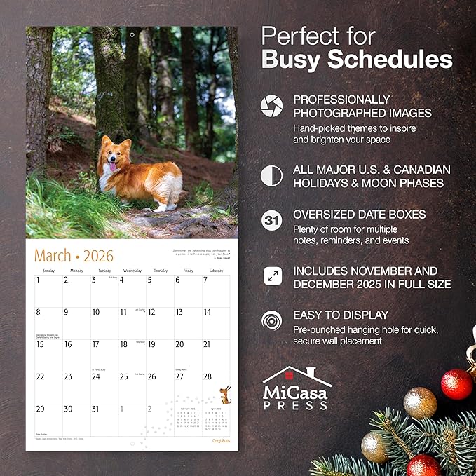 MICASA PRESS Corgi Butts 2026 Wall Calendar 12 Month | 12" x 24" Open | Thick & Sturdy Paper | Giftable | Cute Puppy Funny Dog Calendar 2026