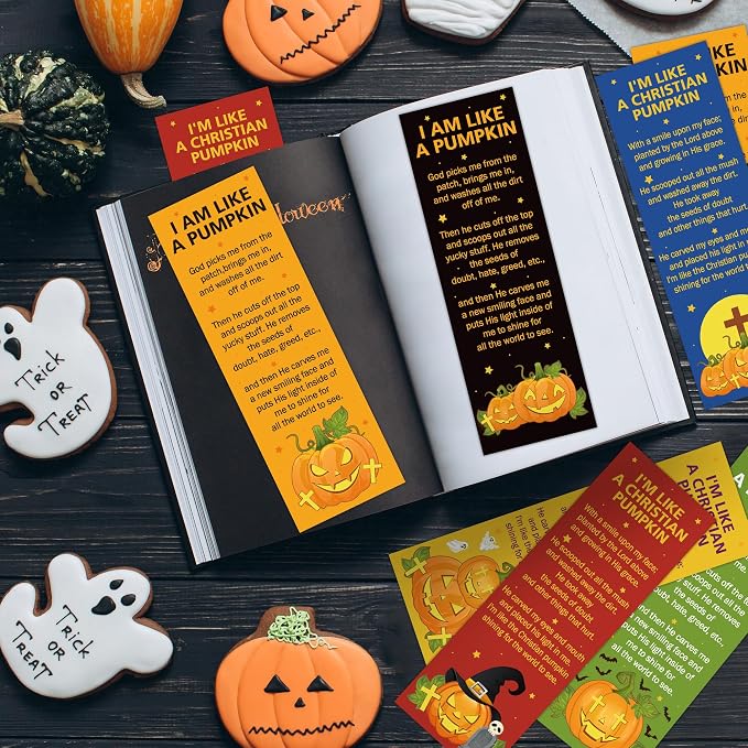 TICIAGA Halloween Pumpkin Bible Bookmarks - 60PCS Pumpkin Prayer Bookmarks for Kids Religious Christian Church Bible Verses Bookmark Giveaways for Sunday School Halloween Party Favors for Classmates