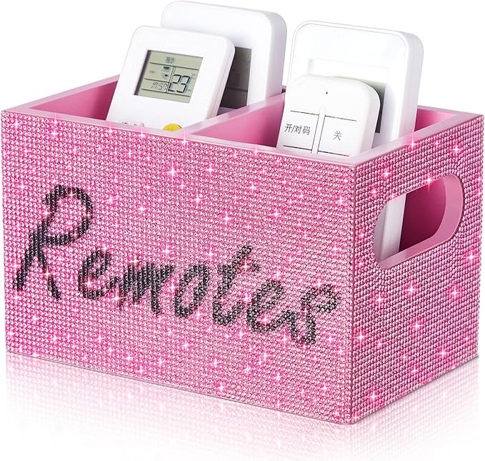 MotiMind Bling Rhinestone Remote Control Holder Crushed Diamond 2 Compartment Decorative TV Remote Caddy Organizer Storage Box Table Nightstand with and Label, Sparkly Gifts for Christmas(Pink)