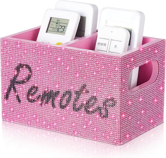 MotiMind Bling Rhinestone Remote Control Holder Crushed Diamond 2 Compartment Decorative TV Remote Caddy Organizer Storage Box Table Nightstand with and Label, Sparkly Gifts for Christmas(Pink)