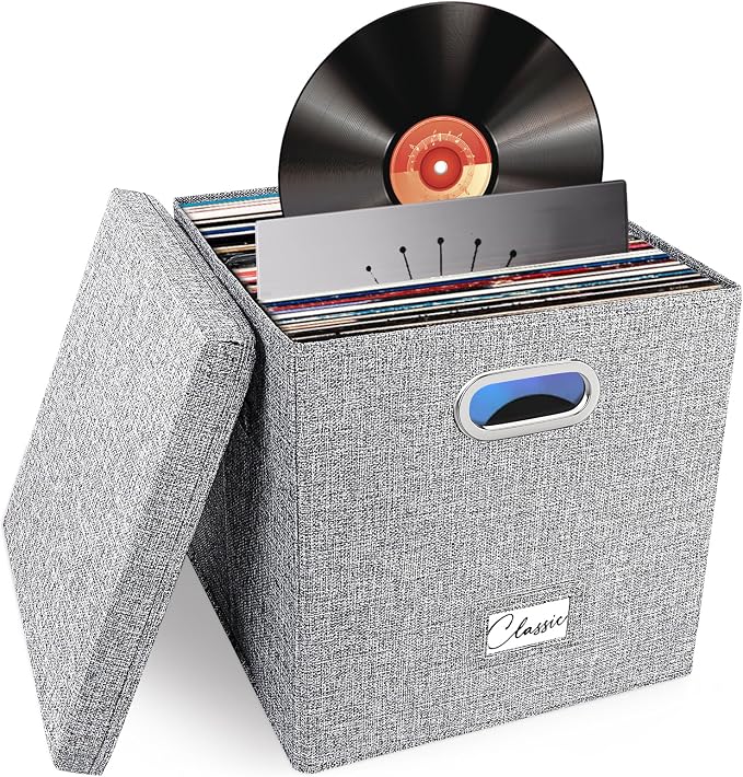 Vinyl Record Storage Box for 50+ Single LPs (12-Inch), Stackable Albums Linen Crate with Lid, Collapsible Play Music Collection Holder, Document File Folder Cabinet Organizer Case with Handle
