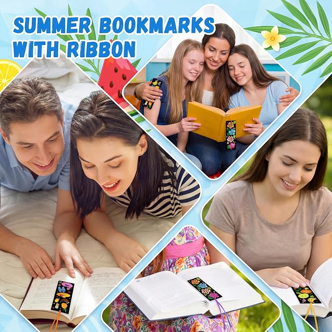 Frienda 80 Pcs Summer Color Your Own Bookmarks with Ribbon Bulk DIY Coloring Crafts Beach Ice Cream Ocean Fruit Sun Bookmark Blank Paint Decorate for Teacher Summer Party Gift Tags