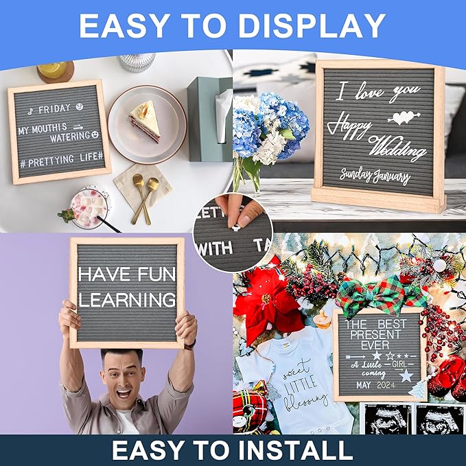 10" x 10" Double Sided Chalkboard Sign with Stand, Small Chalk Board Blackboard Wood Frame Felt Letter Board with 12 Chalk Markers and 340 Letters (Natural Wood)