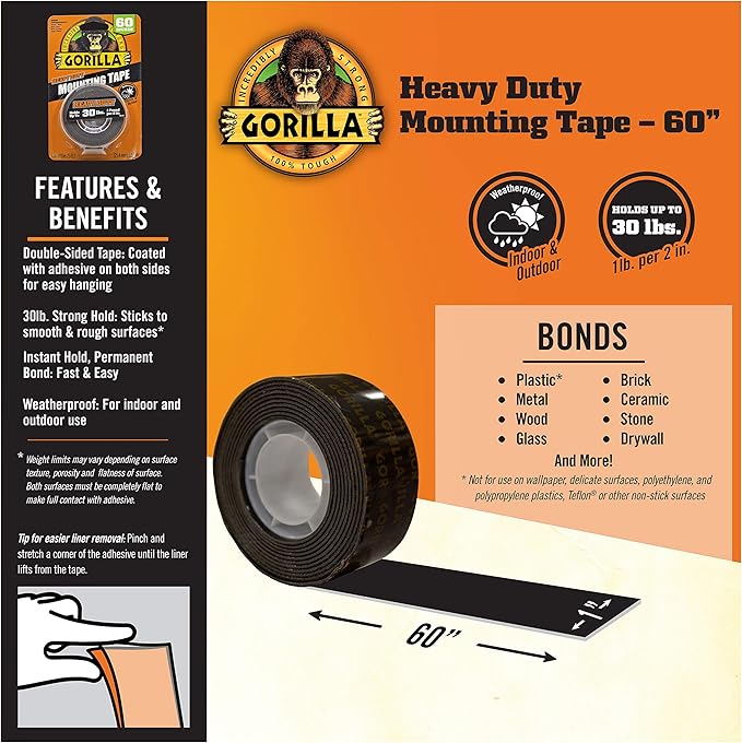 Gorilla - Heavy Duty Double Sided Mounting Tape; Weatherproof; 1" x 60"; Black; (Pack of 8)