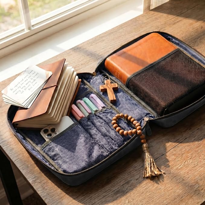 LEATHER VILLAGE Handmade Vintage Genuine Leather Embossed Bible Cover for Men & Women, Large Protective Bible Case & Organizer for Church, Travel & Study Christian Religious Antique Bookmark - Black