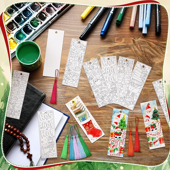 Sinmoe 120 Pcs Christmas DIY Color Your Own Bookmarks 6 Styles Watercolor Bookmarks to Paint Card Stock Paper Watercolor Colorful Tassels Craft for Classroom Projects Gifts Tags 5.9 x 2 Inch(Santa)