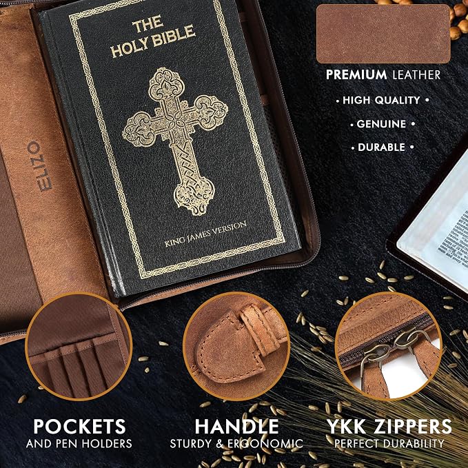 ELIZO Leather Bible Cover Bible Case for Men Women Genuine Leather Bible Bag Holder Cross Large Carrying with Zipper Case Protector Christian Religious Gifts for Mens Pioneer (Saddle/Green, Small)