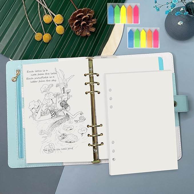 Harphia A5 6 Holes Binder Refill Value Set, 90sheets plain blank loose leaf paper with stickers and dividers, planner inserts with binder pockets for A5 notebook
