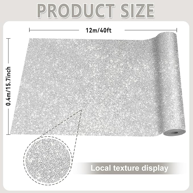 Glitter Bulletin Board Roll Silver Bulletin Board Paper Sparkle Silver Wrapping DIY Art Crafts Fade Resistant Wrinkle Resistant Poster for Classroom Office Home Backdrop Decoration 15.7" x 40 Ft