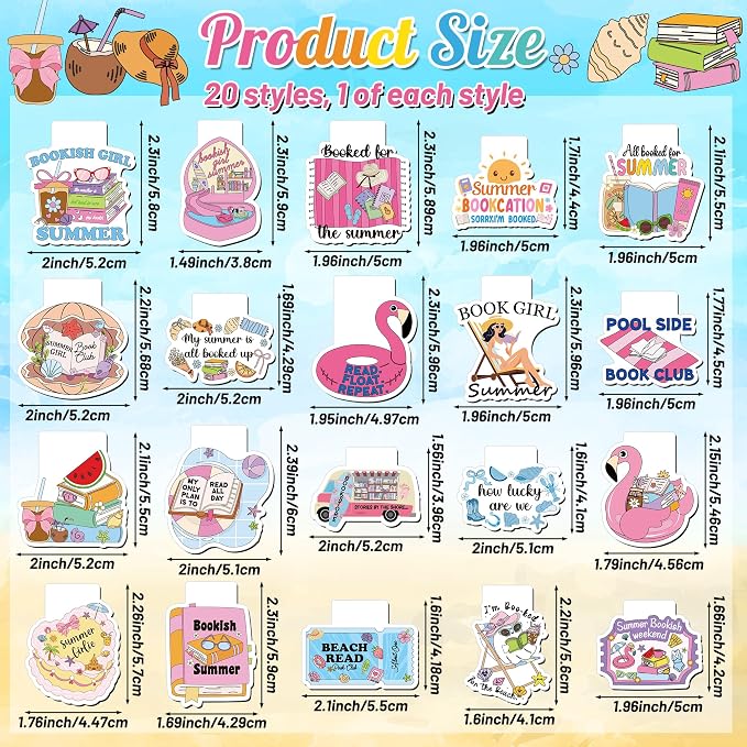 20Pcs Summer Reading Magnetic Bookmarks Cute Vacation Funny Book Club Bookmarks, Summer Poolside Reading Bookish Page Marker Clip Readers Accessories for Book Lover Graduation Back to School Gift