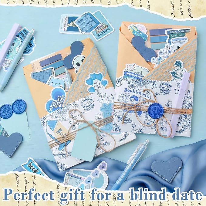 J6&H6 6 Set Blue-Themed Blind Date with a Book Gift excluding Books,Gift Set Including Lace Ribbons Patterned Paper Leather Bookmarks Stickers Purple Labels Kraft Paper for Literary Gifts (Blue)