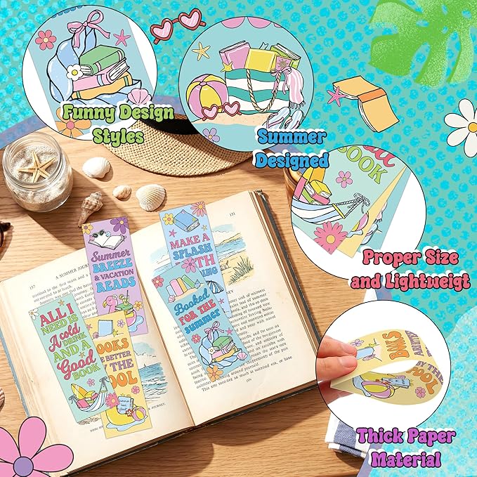 Laffact Summer Reading Bookmarks - 120Pcs Colorful Vacation Bookmarks Reading Tracker, Summer Breeze Style Page Marker, Readers Accessories Book Club Gifts for Book Lover Bookish Birthday Party Favors