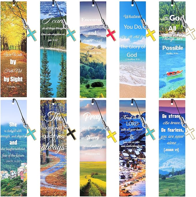 Tenare 20 Pcs Christian Bible Bookmarks for Women, Inspirational Verses Bookmarks with Cross Pendants, Religious Gifts for Women Men Reading Lovers(Scenery Style)