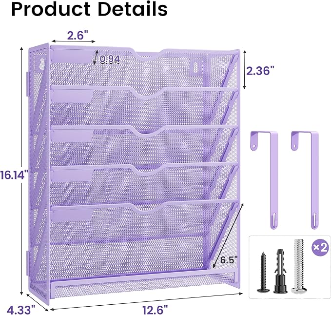 Hanging Wall File Organizer, 6-Tier Purple Desk Organizer with Metal Mesh, Foldable Document Organizer for Office Desk, Wall Mount Magazine Rack for Mail/Books/Tablet