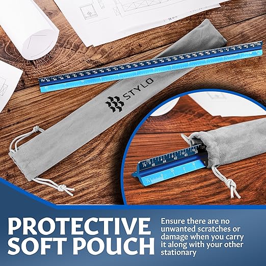 12" Aluminum Architect Scale Ruler Laser Etched Triangle Drafting Ruler, Color Coded Grooves for Blueprint, Drafting and Drawing, Architectural Scale Ruler for Blueprints (Light Blue, Imperial Units)