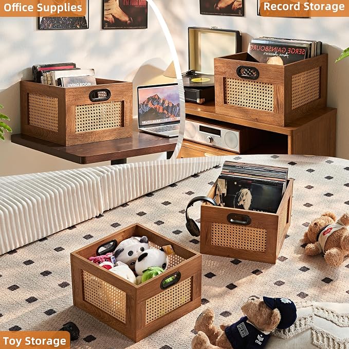 LELELINKY 2 Pack Vinyl Record Storage Crates, Rattan Vinyl Record Holder with Handle, TeaC Record Crate for Vinyls Holder up to 75 LP's, Desktop Cube Album Storage for Vinyls Records