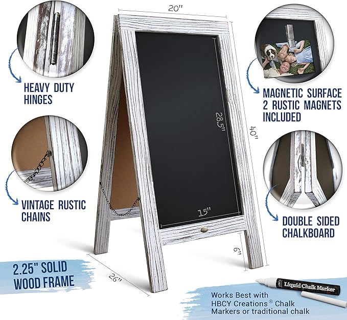 A Frame Chalkboard by HBCY Creations: 40x20 Solid Wood A-Frame Sign Whitewashed Double-Sided Magnetic Board, Chalkboard Menu Board, for Restaurants, Cafés, Weddings - Heavy Duty Hinges